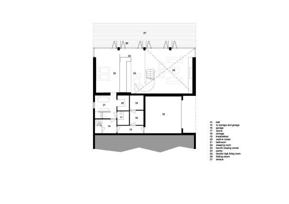 antonia reif archiectuur, Bungalow, Erweiterung, Ausbau, Umbau, Niederlande, Fassade, Glas, glass, facade, Villa, Terrasse, terrace, Wohnraum, Faltelemente, 1960er, 2015, Einfamilienhaus, Garten, garden, Treppe, stairs, Wohnraum, living space, Sauna
