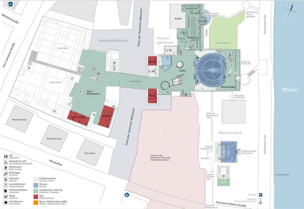World Conference Center Bonn, Heinle Wischer und Partner, INROS LACKNER SE, Konferenzzentrum, Bonn, Neubauten in Bonn, Regierungsviertel Bonn, Bauskandal, yes architecture, Skandal, Architektur, BauNetz, Baunetz-Meldung, Fertistellungm Erffnung in Bonn, World Conference Hotel, Plenarsaal, Hauptgebude, Platz der Vereinten Nationen, Presseamt der Bundesstadt Bonn, Conference Center Management GmbH BonnCC, WorldCCBonn, Arbeitsgemeinschaft Heinle Wischer Gesellschaft fr Generalplanung mbH und Inros Lackner AG, Baukosten, Bhnentechnik