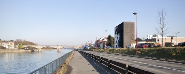 cultural center, Belgien, Andenne, Label Architecture, Ausstellung, exhibition, office, Bro, Fluss, river, Landschaft, landscape, Holz, wood, Fassade, facade, Schwarz, Fotografie, Fotodruck, Glas, glass, Beton, concrete