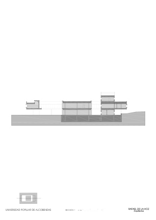 three volumes, Madrid, Rafael de La-Hoz, Volkshochschule, Plaza, Beton, concrete, glas, Glaskubus, ramp, Rampe, Rambla, glas cube, courtyard, Innenhof