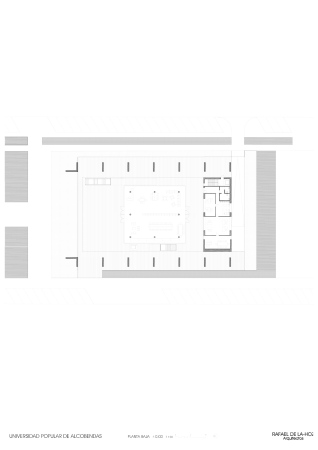 three volumes, Madrid, Rafael de La-Hoz, Volkshochschule, Plaza, Beton, concrete, glas, Glaskubus, ramp, Rampe, Rambla, glas cube, courtyard, Innenhof