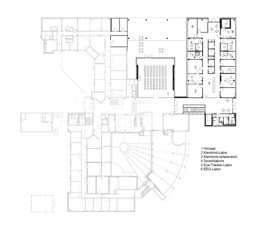 Leon Abraas, Heinle, Wischer und Partner, Freie Architekten, Max-Planck-Institut, 2015, Fertigstellung, Wissenschaft, Forschung, Neubau, Niederlande, netherlands R&D, research, design, netherlands, new building, extension,  Wiegerinck, Psycholinguistik, Sprache psychology, linguistics, Laboratorien, Labor, labs, Max-Planck-Gesellschaft, Till Behnke, Steffen Walter, Molekularbiologische Labore, Sprachlabor, dutch, Fassade, printed fassade, modern, Glasfassade bedruckt, Nijmegen, Wettbewerb 2011, Donders Centre for Cognitiove Neuroimaging, Radboud university, Wald, Wldchen Bume, Park, clean, modern, precise