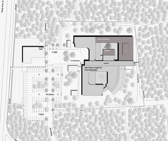 Leon Abraas, Heinle, Wischer und Partner, Freie Architekten, Max-Planck-Institut, 2015, Fertigstellung, Wissenschaft, Forschung, Neubau, Niederlande, netherlands R&D, research, design, netherlands, new building, extension,  Wiegerinck, Psycholinguistik, Sprache psychology, linguistics, Laboratorien, Labor, labs, Max-Planck-Gesellschaft, Till Behnke, Steffen Walter, Molekularbiologische Labore, Sprachlabor, dutch, Fassade, printed fassade, modern, Glasfassade bedruckt, Nijmegen, Wettbewerb 2011, Donders Centre for Cognitiove Neuroimaging, Radboud university, Wald, Wldchen Bume, Park, clean, modern, precise
