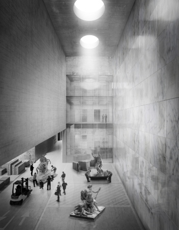 Landschaftsgeb�ude, landscape building, Glasfassade, glass facade, Art storage, Kunstlager, Louvre, Frankreich, Werkstatt, workshop, Topographie, topographie, Logistik, logistics, Kunstrestaurierung, Art conservation