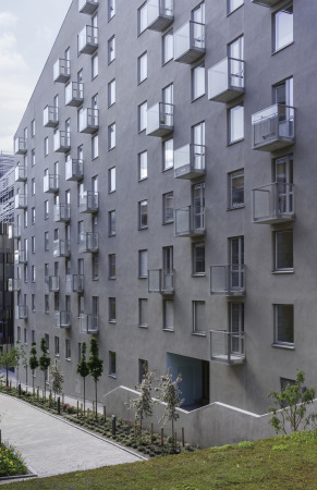 kita, wohnkomplex, stockholm, schweden, joliark, neubau, stein, grau, balkone, putz, hof, innenhof, wohnungsbau