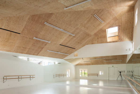Stahl, steel, wood woll, Holzwolle, staircase, Treppe, Dach, Mansarddach, Tokushima, Japan, y+M design office Co, Kobe, Balett, dance school