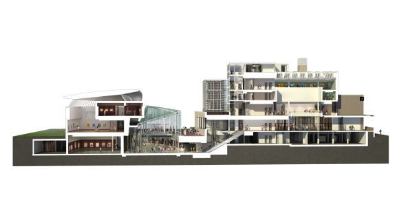 Hans van Heeswijk Architects, 2015, Van Gogh Museum, Vincent Van Gogh, Amsterdam, Netherlands, Painter, Maler, Niederlande, Holland, Neubau, Glas, Stahl, Eingangshalle, Amsterdam Zuid, Kisho Kurokawa, Gerrit Rietveld, Eingangshalle, Untergschoss, basement, connection, Verbindung,