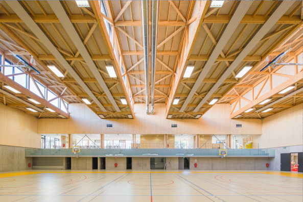 Sporthalle, 2015, Fertigstellung, Neubau, Holzfassade, Frankreich, France, Konstruktion, Holzkonstruktion, Dmmung, Stroh, natrlich, Hacine Cherifi gymnasium, Rillieux-La-Pape, Tectoniques Architectes, ko, Marcel Cerdan, Boxer, Astroballe, Lyon, Groraum, sports, new building, Vorort,11h45, Tectoniques Architects