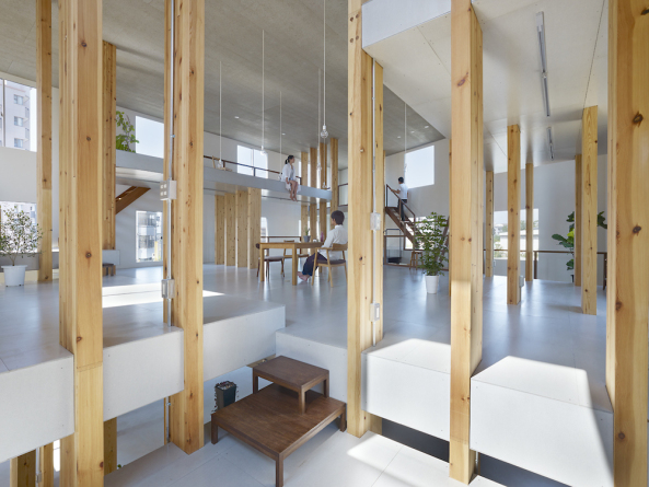 Brogebude, Neubau, 2015, Bro, Designbro, Architekturbro, Holz, Pfeiler, Holzpfeiler, Slabs, Pillars, Ebenen, O.M. Ungers, Fassade, Nisshin, Nagoya, Vorort, Shinichi Mamiya,  Tatsumi Terado, Toshiyuki Yano, www.m-s-ds.com, Neubau, open plan, offener Plan, offene Struktur, Leerraum, Treppen, Treppe, Plattform