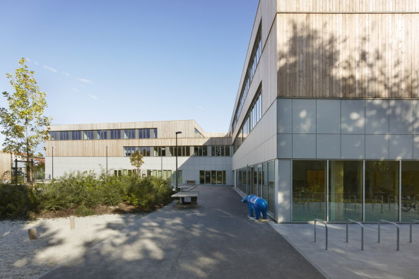 Holz, Beton, 2015, Neubau, Fertigstellung, Kindergarten, Schule, Kinder, Freising, Bayern, Schule, Kita und Sporthalle, Maria Montessori, Caf, Mensa, Numrich Albrecht Klumpp, Arthur Numrich, Timo Klumpp, Grant Kelly, concrete, wood, gymnasium, school, Bavaria, Gute nger 32, 85356, sports, kids, Germany, architecture