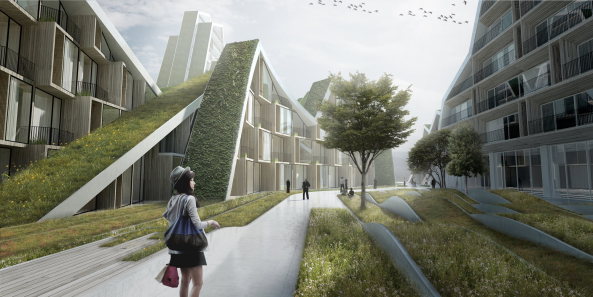 Musterhaus, Gebirge, KiBiSi, Bjarke Ingels Group, BIG; Kopenhagen, Taiwan, Hualien, Ebene, Schieferplatte, artificial Mountains, Glas, glass, Roof vegetation, natural circulation, shadow, Schatten,