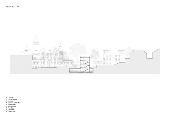 Neubau BURG Mediathek, Burg Giebichenstein, Campus Design am Neuwerk, Kunsthochschule Halle, Neubau Mediathek Burg Giebichenstein, f 29 Architekten, ZILA Architekten, Rehwaldt Landschaftsarchitekten, Holzbau, Holzfassade, Hochschulmediathek, Baukosten, Deisgn, Architektur, Sachsen, Grundriss, Energiekonzept, Fassade, facade, wood, Strenge Fassade, Luftraum, Bibliothek, Raster, Regale, Medien, Flachdecke, Campusgebude, Unigebude, Neuwerk