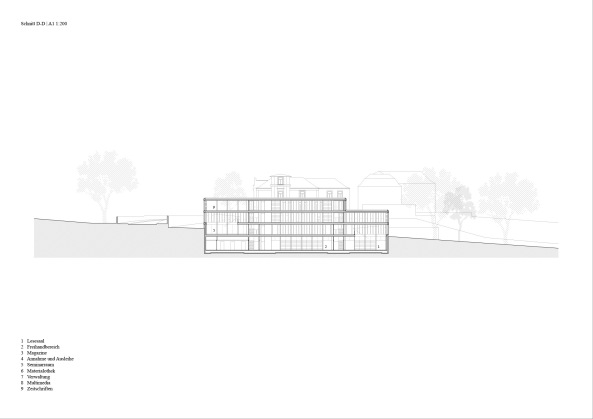 Neubau BURG Mediathek, Burg Giebichenstein, Campus Design am Neuwerk, Kunsthochschule Halle, Neubau Mediathek Burg Giebichenstein, f 29 Architekten, ZILA Architekten, Rehwaldt Landschaftsarchitekten, Holzbau, Holzfassade, Hochschulmediathek, Baukosten, Deisgn, Architektur, Sachsen, Grundriss, Energiekonzept, Fassade, facade, wood, Strenge Fassade, Luftraum, Bibliothek, Raster, Regale, Medien, Flachdecke, Campusgebude, Unigebude, Neuwerk