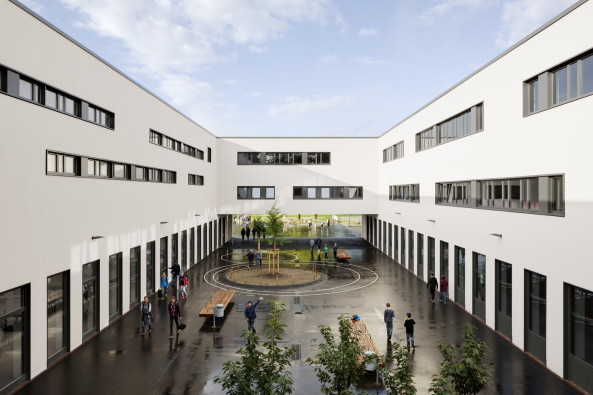 Marcus Bredt, Gerkan, Marg und Partner, gmp, Neubau, school, schule, new building, Rimbach, Bavaria, Germany, Deutschland, Bayern, grau, weiss, streng, Putz, Martin-Luther-Schule, Umbau, Erweiterung, transformation, extension, Klassenräume, Klassenzimmer, Schulklasse, Gymnasium, Wettbewerb, 1. Preis, Bühne, Caféteria