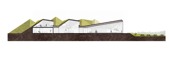 Erdaufsch�ttung, earthwork, Biomasse, Bodenheizung, Museum, Pavillons, begr�ntes Dach, Pyramide, Insel, Biesbosch, Studio Marco Vermeulen, National Park, Nationalpark, Polder, polder, Deich, roof of gras, herbs, isolation, exhibition,  island, Insel