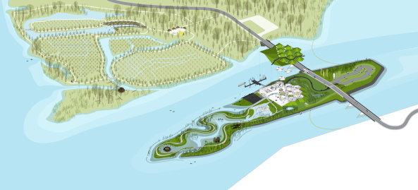 Erdaufsch�ttung, earthwork, Biomasse, Bodenheizung, Museum, Pavillons, begr�ntes Dach, Pyramide, Insel, Biesbosch, Studio Marco Vermeulen, National Park, Nationalpark, Polder, polder, Deich, roof of gras, herbs, isolation, exhibition,  island, Insel