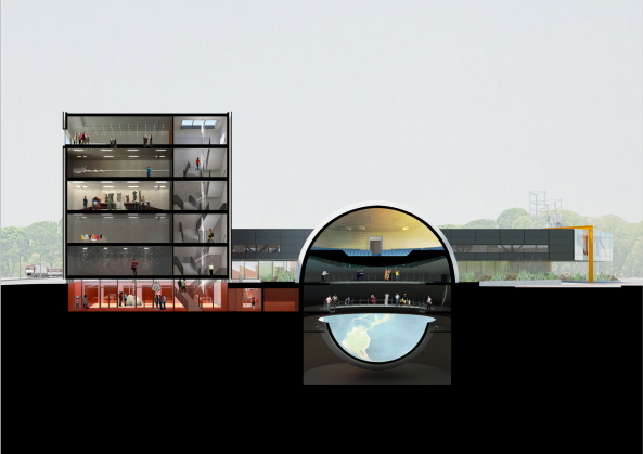 Kerkrade, Design, Museum, Grundsteinlegung, Europa, Europe, Gestaltung, Werkstatt, Planetarium, Shift Architecture Urbanism C-City, Cube, Columbus, 3-D Kino, OMA, Rem Koolhaas, Wrfel, German Red Dot, Cooper Hewitt, Smithsonian Design Museum, Fertigstellung, Umsetzung, Realisierung, 2015, Limburg, Museumsplein, Shift Architecture Urbanism, Netherlands, Niederlande, Rotterdam, Discovery Center Continium