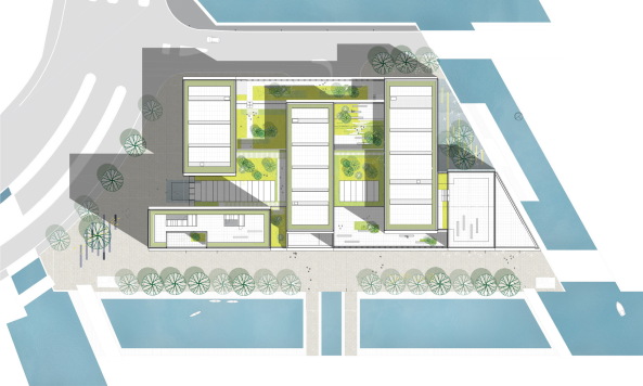 C.F. M�ller Architects, B�rogeb�ude, Neubau, Verwaltung, Superblock, Hochhaus, T�rme, corporate headquarters, HQ, Aarhus, C.F. M�ller Landscape, COWI, Vero Moda, Jack & Jones, Bestseller, fashion group, 400 bicycles, Fahrradtiefgarage, Fahrrad, B�ro, Grundriss, Modekonzern, Konzern, car park, Naturstein, Fassade, stone, 2015, indoor plaza, nachhaltig, energetisch, saving, enery, Denmark, danisk, D�nemark