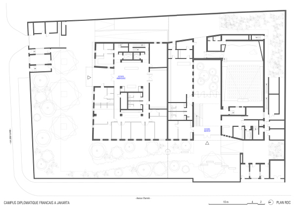 Franzsische Botschaft, Botschaft, Embassy, Jakarta, franzsisches Institut, Indonesien, Segond-Guyon Architectes, Institut, Patio, Sockelgeschoss, Sockel, Lichthof, Lavastein, Fassade