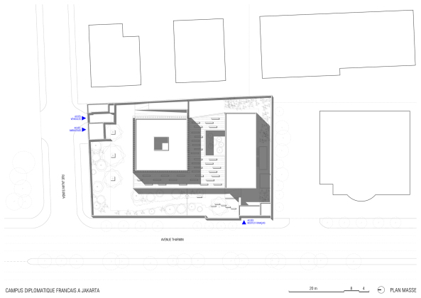 Franzsische Botschaft, Botschaft, Embassy, Jakarta, franzsisches Institut, Indonesien, Segond-Guyon Architectes, Institut, Patio, Sockelgeschoss, Sockel, Lichthof, Lavastein, Fassade