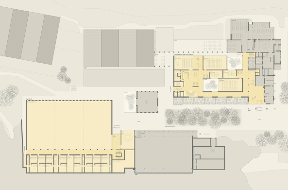 Erweiterung Sportzentrum Kerenzerberg, Burkard Meyer und Vogt gewinnen Wettbewerb in Zrich, Wettbewerbsergebnisse, Baunetz, Baunetz-Meldungen, Architektur in der Schweiz, Boris Brunner, Daniel Niggli, Luca Selva, David Vogt, Burkard Meyer Architekten, Vogt Landschaftsarchitekten, E2A Architekten, : mlzd Architekten aus Biel, Adrian Streich Architekten, pool Architekten, Dreifachturnhalle, Turnhalle, Sporthalle, Sichtbeton, Beton,