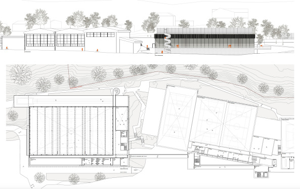 Erweiterung Sportzentrum Kerenzerberg, Burkard Meyer und Vogt gewinnen Wettbewerb in Zrich, Wettbewerbsergebnisse, Baunetz, Baunetz-Meldungen, Architektur in der Schweiz, Boris Brunner, Daniel Niggli, Luca Selva, David Vogt, Burkard Meyer Architekten, Vogt Landschaftsarchitekten, E2A Architekten, : mlzd Architekten aus Biel, Adrian Streich Architekten, pool Architekten, Dreifachturnhalle, Turnhalle, Sporthalle, Sichtbeton, Beton,