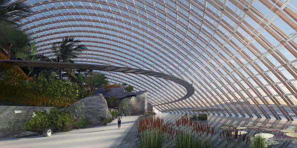 Taiyuan Botanical Garden, Delugan Meissl; Valentien Valentien; China; Landschaft; Botanischer Garten; Gewchshuser; Museum; Neubau; Empfangsgebude; Schwebende Aussichtsplattform; kologie;