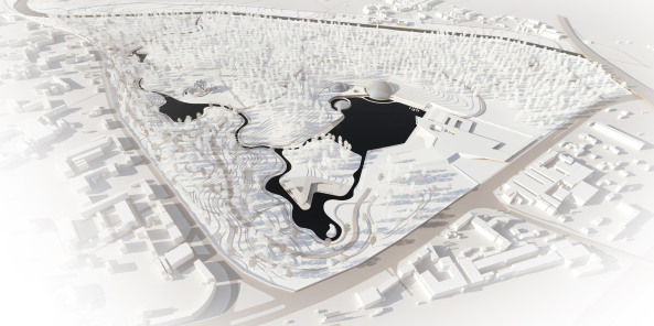 Taiyuan Botanical Garden, Delugan Meissl; Valentien Valentien; China; Landschaft; Botanischer Garten; Gewchshuser; Museum; Neubau; Empfangsgebude; Schwebende Aussichtsplattform; kologie;