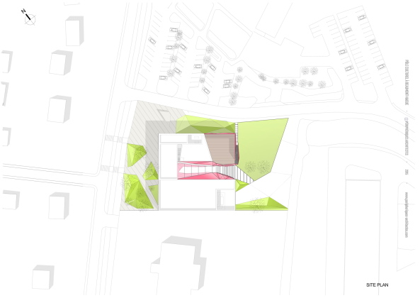 Beaumont-Hague, Kulturzentrum, Neubau, rot, colour, color, Farbe, Fassade, Glas, PERIPHERIQUES Architectes, MARIN + TROTTIN Architects, Charlotte Lefebvre, Cotentin, steet, innere Stra�e, France, Frankreich, 2015, 2016, Normandie, Sergio Grazia