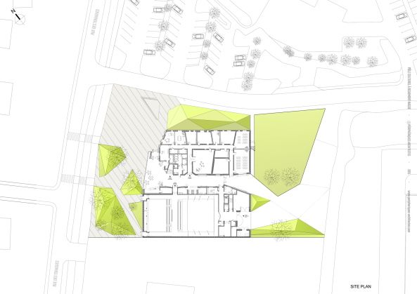 Beaumont-Hague, Kulturzentrum, Neubau, rot, colour, color, Farbe, Fassade, Glas, PERIPHERIQUES Architectes, MARIN + TROTTIN Architects, Charlotte Lefebvre, Cotentin, steet, innere Stra�e, France, Frankreich, 2015, 2016, Normandie, Sergio Grazia