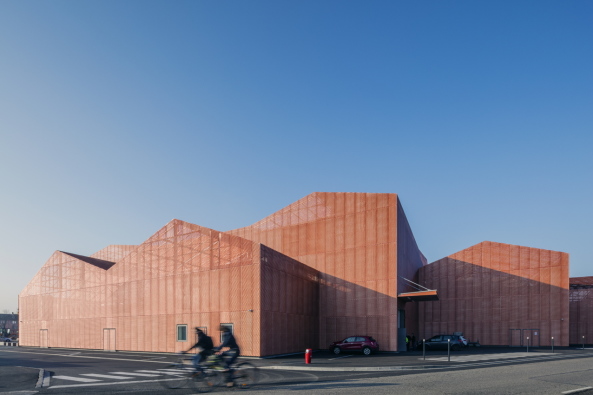 Kupferpigment, Metallmaschen, cladding, metal, cupper pigment, Manuelle Gautrand, Einzelelemente, five elements, Sporthalle, sports hall, Kultur, Dreilndereck, Three borders region, Elsass, Alsace