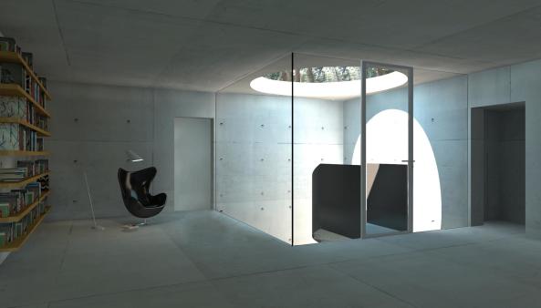 Entwurf, Beton, Tadao Ando, Rendering, Schalung, concrete, design, rendering, Atelier Zafari,  house, living, cross, forest, Wald