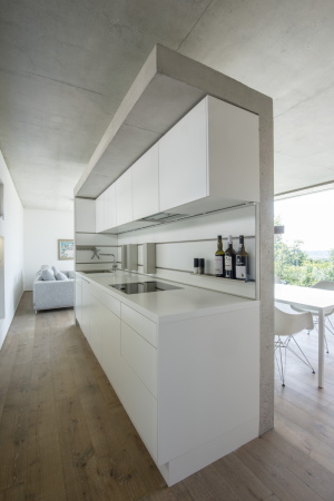 Brettverschalt im Neckartal; Einfamilienhaus in Esslingen; msm Architekten Innen Architekten; L�rchenholz; Eichenholz; Rohstahltreppe; Faltschiebel�den; brettgeschalter Sichtbeton;