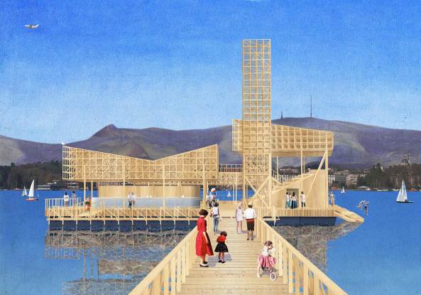 Pavilion of Reflections von Tom Emerson in Zrich, Manifesta, Studio Tom Emerson, 6a architects, Christian Jankowsky, Manifesta, Architektur, Kunst, ETH Zrich, What People Do for Money: Some Joint Ventures, Kino, Bar, Schwimmen in Zrich, Zrichsee, Biennale fr Kunst, Limmat, Zrich Tourismus, Schweiz, Holz, Holzkonstruktion, Fachwerk, Stahlrahmen, schwimmende Plattform, Utopie aus Holz, Baunetz, Baunetzmeldungen, Architekt, Studieren in Zrich, Geld, Sonnendeck, Sommer, Temporre Bauten, Pavilion, pavillon