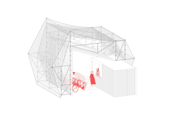 Maschendraht, polycarbonat, Spitzdach, Holz, polyeder, netting wire, frame, zones, wood, timber, Holz, peris+total, Barcelona, Plaa de les Glries Catalanes, Pavillon, pavilion, infromation point