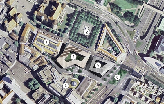 Das Da-Vinci-Projekt im berblick: Zwischen Markthalle (1), Karlsplatz (2) und Breuninger (3) sollen die geplanten Neubauten (4 und 5) entstehen. Ein geplanter Deckel ber die B 14 (6) am Charlottenplatz knnte das neue Quartier mit dem Bohnenviertel verbinden. Fotomontage: Breuninger