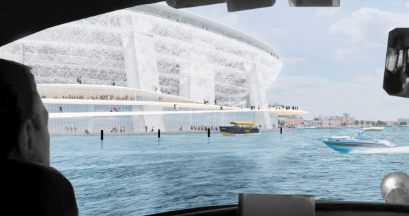 OMA, Rotterdam Daniel van Beuningen, Feyernoord, Fussball, Stadion, Masterplan, Verkehr, Anbindung, Stadt, Neue Maas, Wasser, Wohnung, Kino, Umwandeln, convert, stadium, housing, cinema, sport,