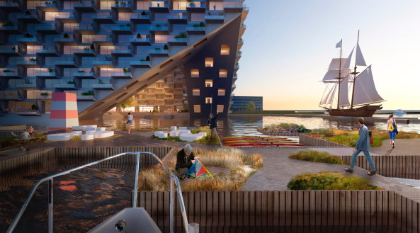 Baunetz, Baunetz-Meldung, Architektur, Architekt, architect, architecture, Architekt gesucht, Meldungen, architecture-news, Architektur Deutschland, deutsche Architekten, german architecture, young architects, 2016, BIG, Amsterdam, Wohungsbau, Block, Balkone, Hof Couryard, new building, housing, slands with houseboats, a sailing school, floating gardens, Holland,  Bjarke Ingels, Andreas Klok Pedersen, Competition, Wettbewerb, Ergebnis, Balkone, Balconies, terraces, promenade, harbour, water, ocean