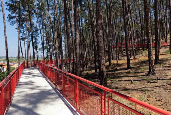 Alberto Simes Park, Pedro Paes, Eugenio Teixeira Borges, IDOM, So Jos dos Campos, Brasilien, 2016, Landschaftsplanung, Abenteuerpark, Baumwipfelpfad, Parkanlage, rot