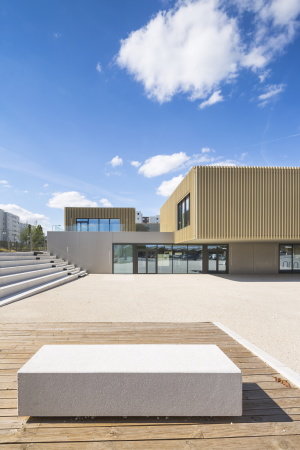 Tequi, Sergio Grazia, Stdtebau, Renovation Urbaine, Stadtsanierung, Cit, Banlieu, Paris, Kulturzentrum, Patio, Innenhof, transparent, Platz, Vorplatz, gold, grau, grey, concrete