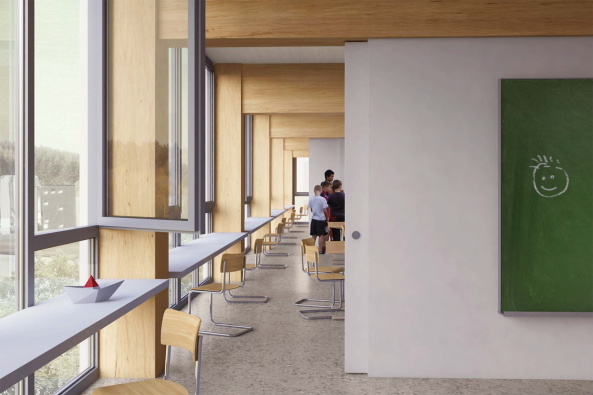 Schule, Sportplatz, Dach, Auentreppe, Wendeltreppe, Burkhardt, Zrich Green-Ctiy, Wettbewerb, Holz, kindgerecht, kompakt, langer Baukrper, roof, Passerelle, Fugngerbrcke