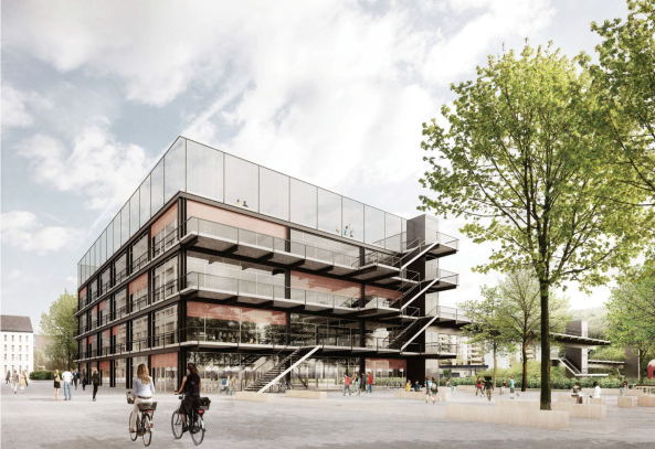 Schule, Sportplatz, Dach, Auentreppe, Wendeltreppe, Burkhardt, Zrich Green-Ctiy, Wettbewerb, Holz, kindgerecht, kompakt, langer Baukrper, roof, Passerelle, Fugngerbrcke