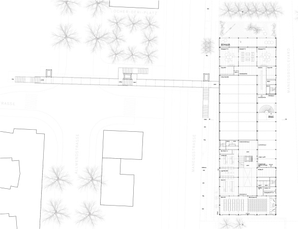 Schule, Sportplatz, Dach, Auentreppe, Wendeltreppe, Burkhardt, Zrich Green-Ctiy, Wettbewerb, Holz, kindgerecht, kompakt, langer Baukrper, roof, Passerelle, Fugngerbrcke