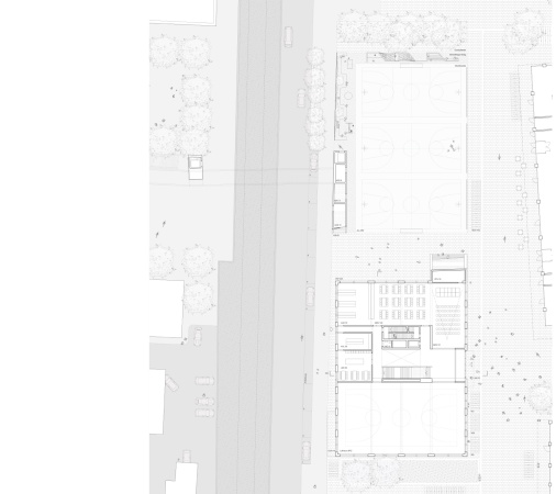 Schule, Sportplatz, Dach, Auentreppe, Wendeltreppe, Burkhardt, Zrich Green-Ctiy, Wettbewerb, Holz, kindgerecht, kompakt, langer Baukrper, roof, Passerelle, Fugngerbrcke