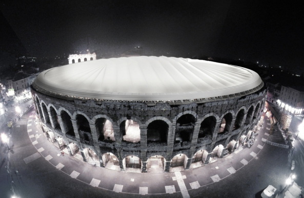 Verona, gmp, Schlaich, Hamburg, Stuttgart, Italien, Amphitheater, Stadion, Dach, Mechanik, Heiligenschein, antik, Membran, Seil, Technik, Konzert, Oper, Gerkan Marg und Partner