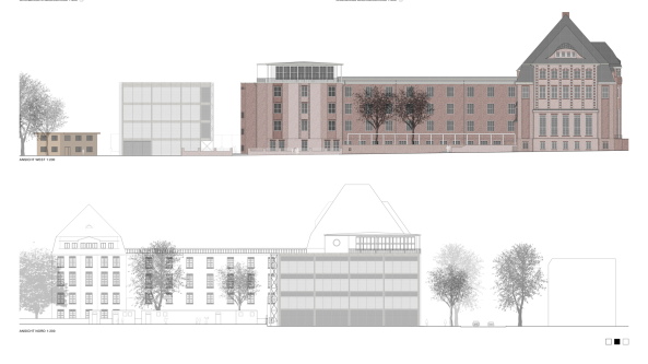 Backstein, Neobarock, Mansarddach, Atelierhaus, Container, Rohbaucharakter, HFBK, Ateliers, Licht, Polycarbonat, Fritz Schumacher, Kuhen Malvezzi, Winking Froh Architekten, Dominikus Stark Architekten, Andreas Heller, Wettbwerb