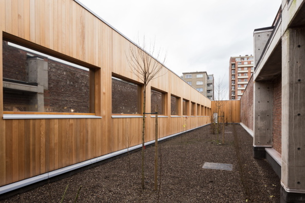 Baunetz, Meldung, Architektur, architecture, Supermarkt, supermarket, shopping, shop, Laden, Lige, Lttich, Belgien, Belgium, MDW Architecture, Fassade, facade, Hinterhof, backyard, Bestand, Holz, wood, Sverin Malaud