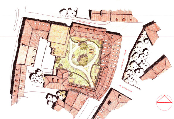 Fassade, facade, urban reconstruction Prague, Prag, Hof, Restaurierung, Apartments, top-of-the-line, state-of-the-art-living, Verspiegelung, verriegeln, Luxus, Treppenhaus, Atrium, staircase, terrace, Terrasse, Ricardo Bofill,  Ricardo Bofill Taller de Arquitectura