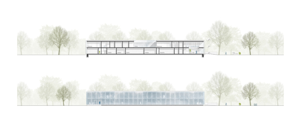2. Preis: Bez + Kock Architekten mit St raum a. Gesellschaft von Landschaftsarchitekten, Abbildung: Schnitt und Ansicht Betriebsgebude
