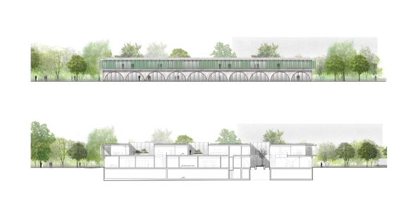 1. Preis: Lehrecke Witschurke Architekten mit Albert Armbruster  Bro fr Landschaftsarchitektur, Abbildung: Schnitt und Ansicht Betriebsgebude